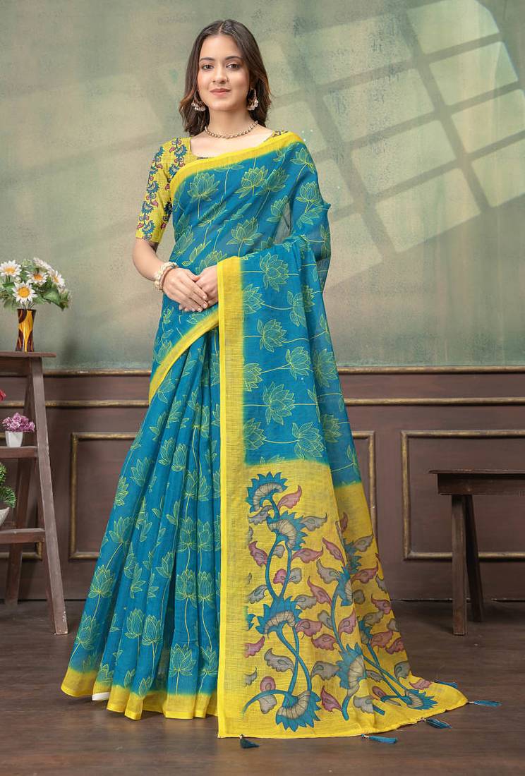 Teal printed art silk designer pallu saree