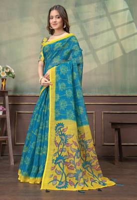 Teal printed art silk designer pallu saree 2