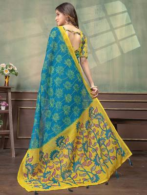 Teal printed art silk designer pallu saree 3
