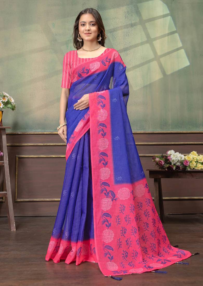 Purple printed art silk designer pallu saree