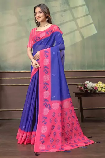 Purple printed art silk designer pallu saree