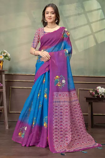 Teal printed art silk designer pallu saree