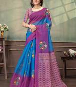 Teal printed art silk designer pallu saree