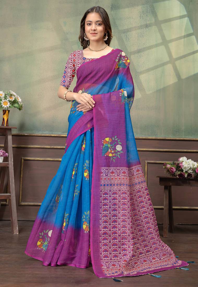 Teal printed art silk designer pallu saree