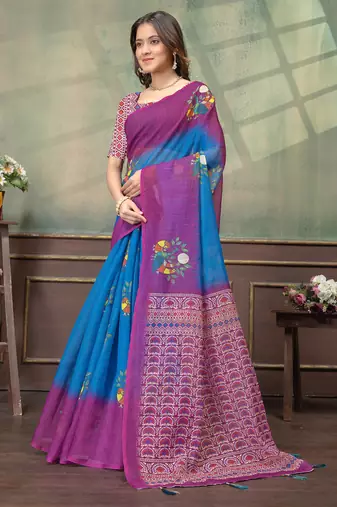 Teal printed art silk designer pallu saree
