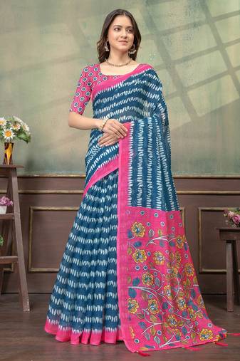 Teal printed art silk designer pallu saree