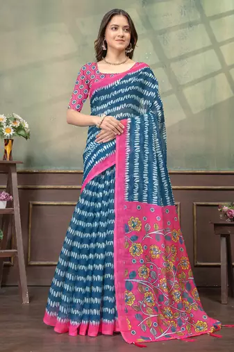 Teal printed art silk designer pallu saree