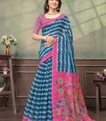 Teal printed art silk designer pallu saree