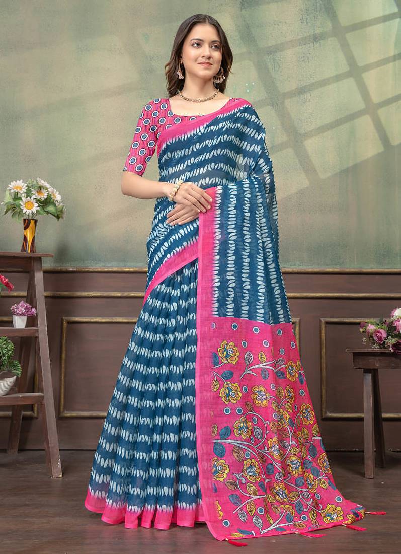 Teal printed art silk designer pallu saree