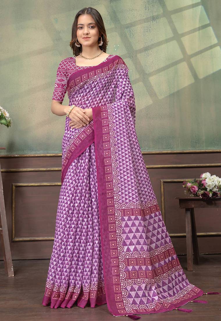 Purple printed art silk designer pallu saree