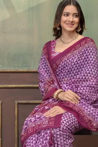 Purple printed art silk designer pallu saree