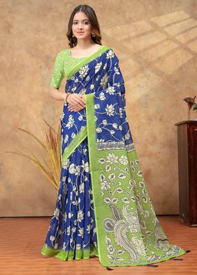 Blue printed art silk designer pallu saree 1