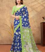 Blue printed art silk designer pallu saree