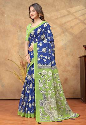 Blue printed art silk designer pallu saree 2