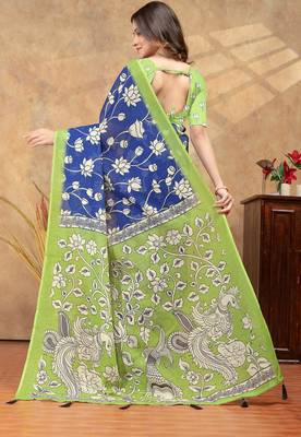 Blue printed art silk designer pallu saree 3