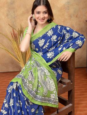 Blue printed art silk designer pallu saree 4