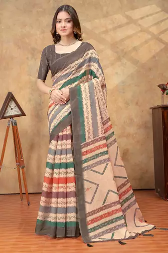 Cream printed art silk designer pallu saree
