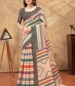 Cream printed art silk designer pallu saree