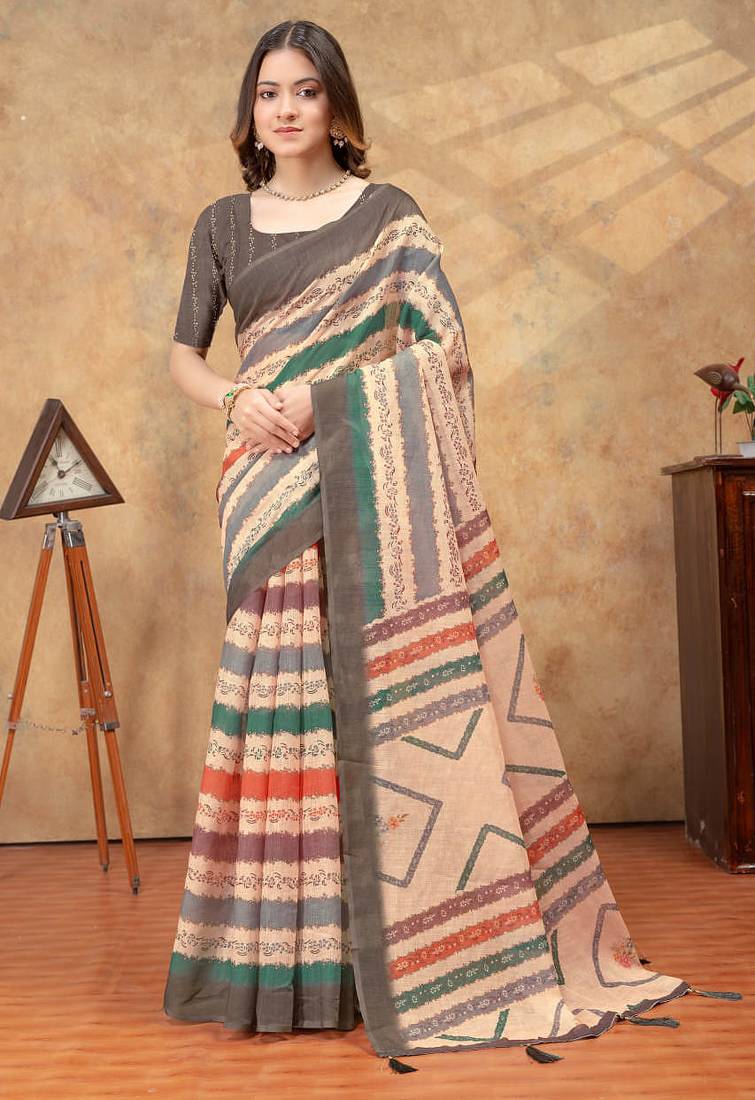 Cream printed art silk designer pallu saree