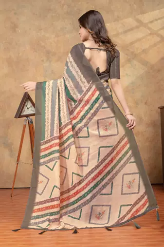 Cream printed art silk designer pallu saree