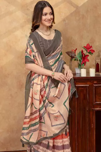 Cream printed art silk designer pallu saree