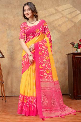 Yellow printed art silk designer pallu saree