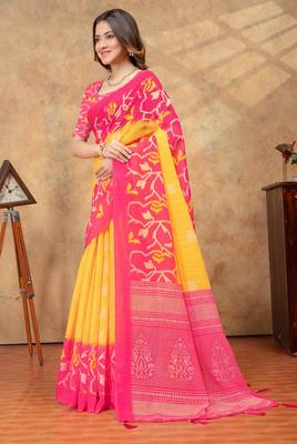Yellow printed art silk designer pallu saree 2