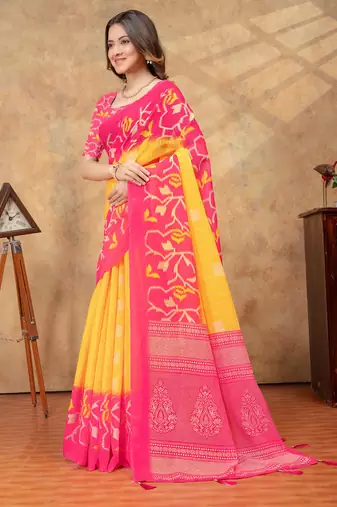 Yellow printed art silk designer pallu saree