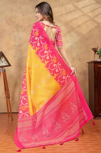 Yellow printed art silk designer pallu saree