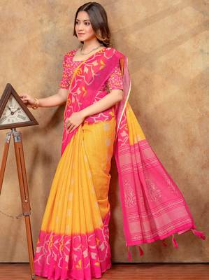 Yellow printed art silk designer pallu saree 4