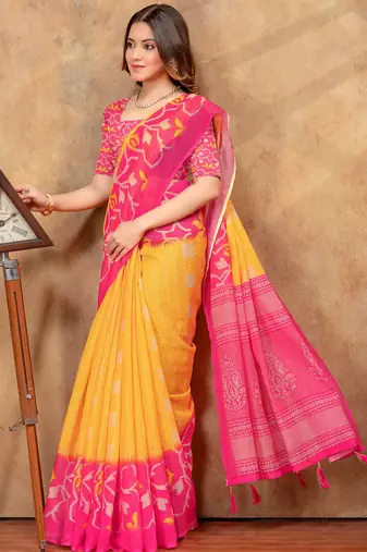 Yellow printed art silk designer pallu saree