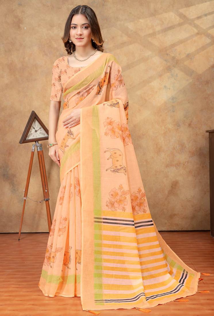 Peach printed art silk designer pallu saree