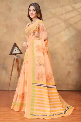 Peach printed art silk designer pallu saree