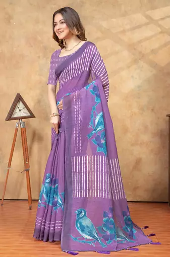 Purple printed art silk designer pallu saree