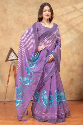 Purple printed art silk designer pallu saree 4