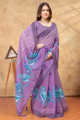 Purple printed art silk designer pallu saree