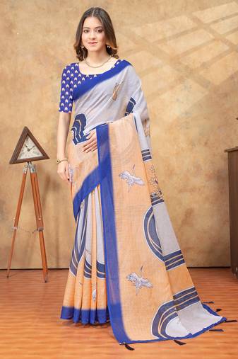 Grey printed art silk designer pallu saree