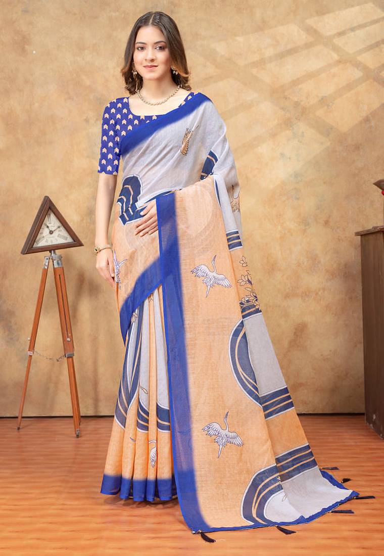 Grey printed art silk designer pallu saree