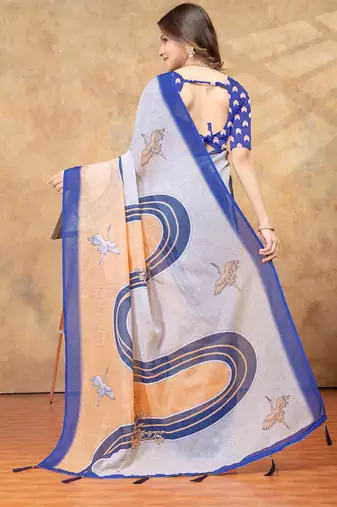 Grey printed art silk designer pallu saree