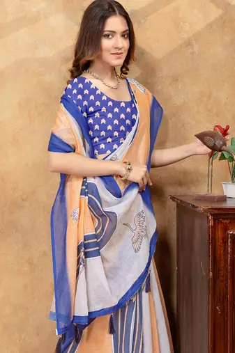 Grey printed art silk designer pallu saree