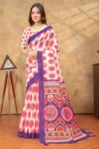 White printed art silk designer pallu saree