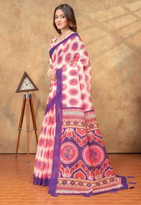White printed art silk designer pallu saree 2