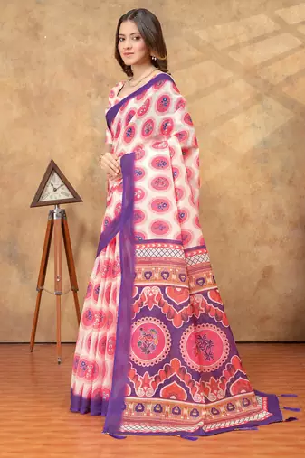White printed art silk designer pallu saree