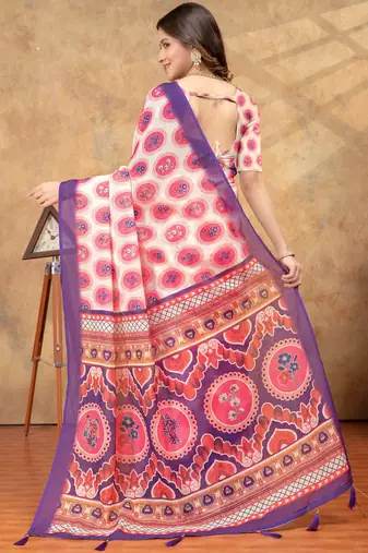 White printed art silk designer pallu saree