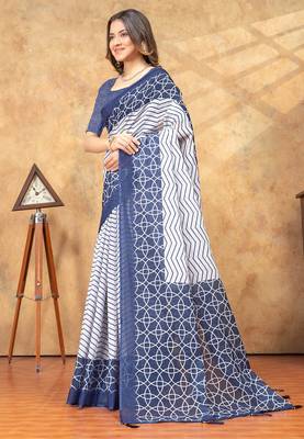 White printed art silk designer pallu saree 2