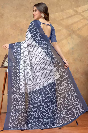 White printed art silk designer pallu saree