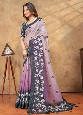 Lavender printed art silk designer pallu saree 2