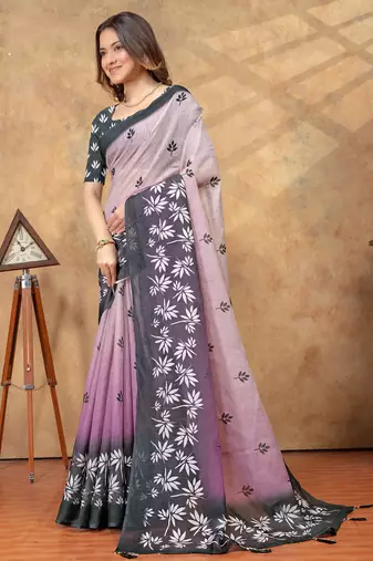Lavender printed art silk designer pallu saree