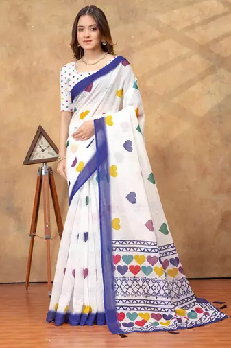 White printed art silk designer pallu saree