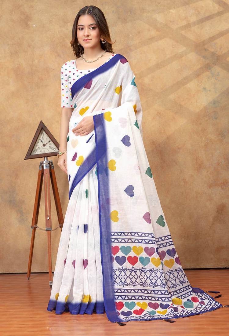 White printed art silk designer pallu saree